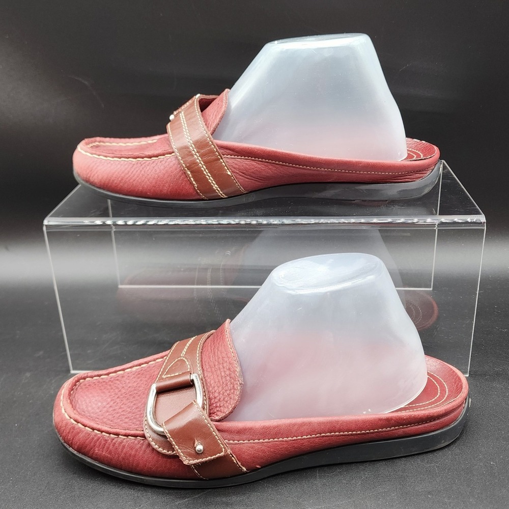 Liz Claiborne 8.5 Red Leather Mules Nan Buckle Slip On Loafer Slides Casual Shoe
